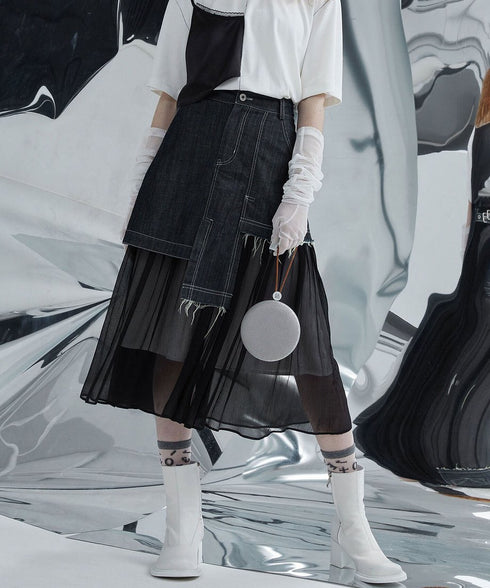 Hem Tulle Denim Skirt